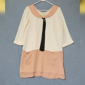 Bonsui peach cream colored sheer layered mini dress. 3/4 sleeve. Front pockets